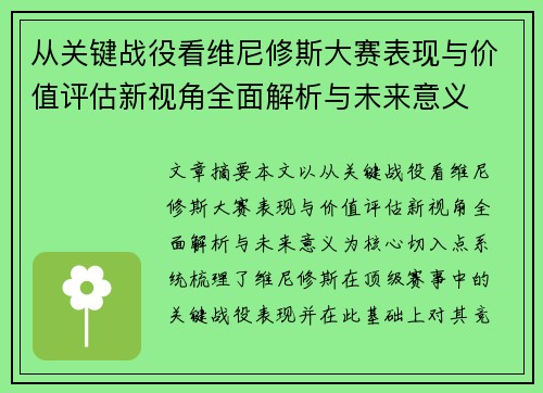 从关键战役看维尼修斯大赛表现与价值评估新视角全面解析与未来意义
