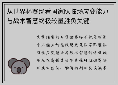 从世界杯赛场看国家队临场应变能力与战术智慧终极较量胜负关键